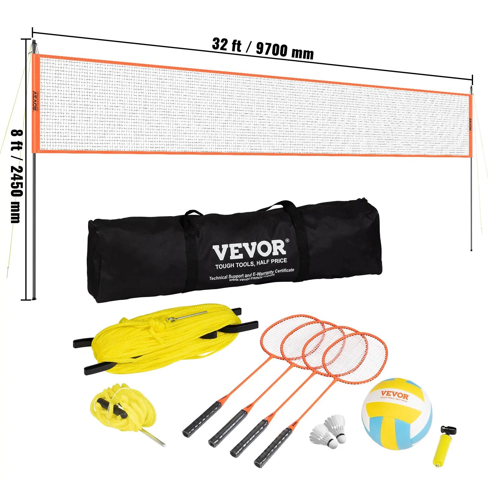 VEVOR Volleyball and Badminton Set, Outdoor Portable Badminton Net, Adjustable Height Steel Poles, Professional Combo Set with PVC Volleyball, Pump, Carrying Bag, Easy Setup for Backyard Beach Lawn